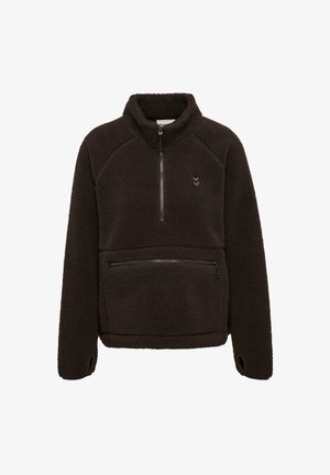 Brauner Fleece-Pullover mit hohem Kragen, halbem Reißverschluss vorne, großer Tasche vorne und Daumenlöchern an den Bündchen. Weicher Stoff und gemütliches Design.