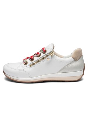 Witte leren sneaker met veters in bloemenpatroon, gouden ritssluiting aan de zijkant, beige gevoerde hielkraag en lichtbruine rubberen zool.