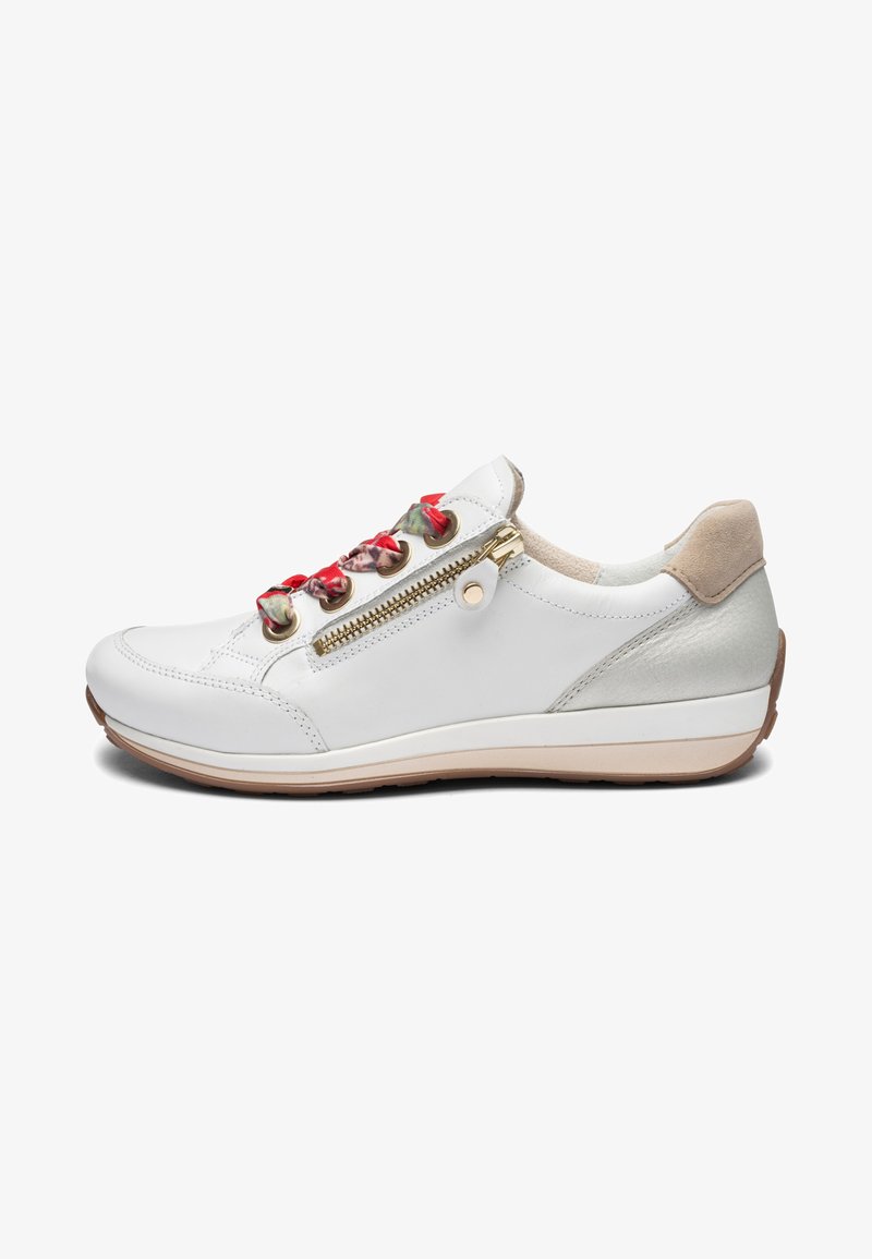 White leather sneaker with floral-patterned laces, gold zipper on side, beige padded heel collar, and light brown rubber sole.