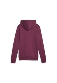 Hættebluse i mørk lilla med en glat tekstur, ribbede manchetter og kant. Simpelt design uden synlige mønstre eller hardware.