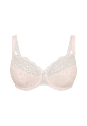 Soutien-gorge en dentelle doux beige avec motif floral, soutien-gorge à armatures, bretelles r églables et bordure délicate le long des bords. Détail de nœud au centre.