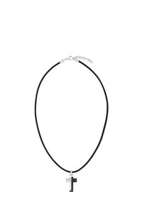 Collar de goma negra con un colgante de cruz plateada, textura suave, cadena ajustable y cierre de broche para un ajuste seguro.