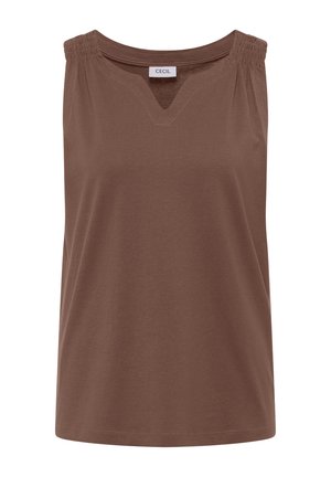 Haut marron sans manches avec épaules élastiquées, petite encolure en V et étiquette « CECIL » au col arrière.