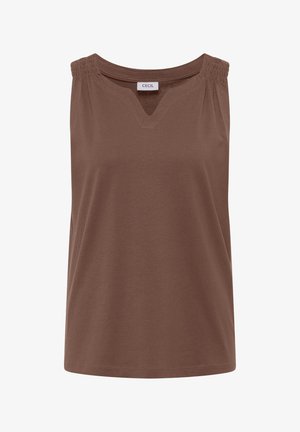 Bruine mouwloze top met elastische schouders, kleine V-halsuitsnijding en "CECIL" label aan de achterkraag.