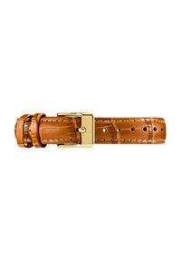 Bracelet de montre en cuir tan avec une texture lisse, boucle en métal couleur or et surpiqûres blanches contrastées ; comporte plusieurs trous de réglage.