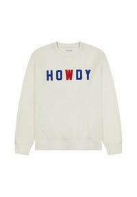 Sudadera color crema con "HOWDY" en letras grandes azules y rojas. Tiene un cuello redondeado y puños acanalados. Textura de tela suave.