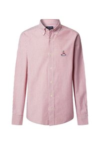 Camisa de botones de rayas rojas y blancas con mangas largas. Presenta un collar y un pequeño logo bordado en la zona del pecho izquierdo.