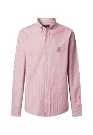 Camicia a righe rosse e bianche con maniche lunghe. Presenta un colletto e un piccolo logo ricamato sulla parte sinistra del petto.