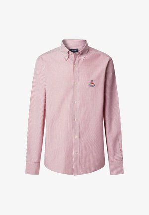 Czerwono-biała koszula z długim rękawem w paski. Posiada kołnierzyk oraz małe haftowane logo na lewej piersi.