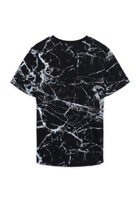 T-shirt nera con motivo a marmo bianco, maniche corte, colletto rotondo e una texture morbida. Vista posteriore, senza ulteriori accenti o loghi.