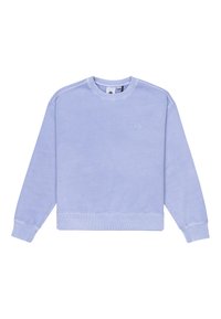 Felpa lilla in cotone, con collo a giro, polsini e orlo ribattuti, e con un discreto logo sul davanti.