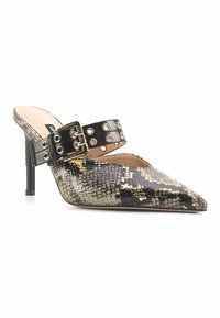 Pointed-toe high heel shoe with a black faux leather buckle strap, textured snake print in shades of gold, brown, and black.