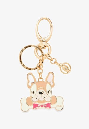 Privjesak u zlatnoj boji s privjeskom francuskog buldoga s ružičastom leptir-mašnom i detaljnim dizajnom kosti, izrađen od metala s sjajnim finišem.