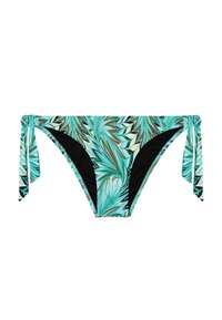 Bikini-Hose mit einem tropischen Blattmuster in Grün und Braun, mit schwarzem Besatz und seitlichen Bindebändern zur Anpassung. Glatte Textur.