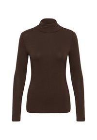 Brun langærmet turtleneck top lavet af blødt, strækbart materiale. Har et tætsiddende design med en rullet hals og sømløse manchetter.