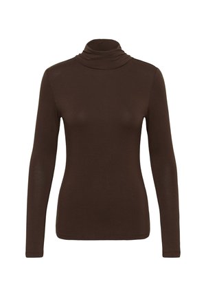 Brun langærmet turtleneck top lavet af blødt, strækbart materiale. Har et tætsiddende design med en rullet hals og sømløse manchetter.