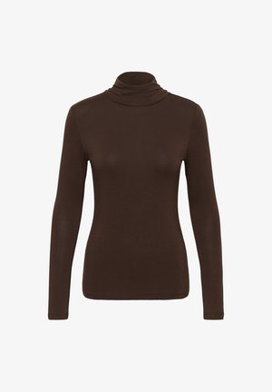 Bruine lange mouw turtleneck top van zacht, rekbaar materiaal. Heeft een getailleerd ontwerp met een opgerolde hals en naadloze manchetten.