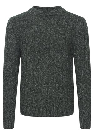 Pulover tricotat de culoare verde închis, cu guler rotund, model texturat și manșete și tiv ribelate. Fabricat dintr-un fir moale și gros.