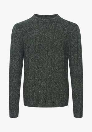 Tmavozelený pletený sveter s okrúhlym výstrihom, textúrovaným vzorom a rebrovanými manžetami a lemom. Vyrobený z mäkkej, hustej priadze.