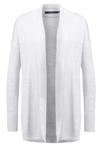 Jasnoszary kardigan z otwartym przodem, długimi rękawami, ściągaczami na mankietach i subtelną fakturą. Wykonany z miękkiego dzianinowego materiału.