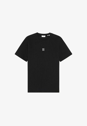 Black cotton t-shirt featuring short sleeves and a round neckline. Centered on the chest is the white printed text "II."