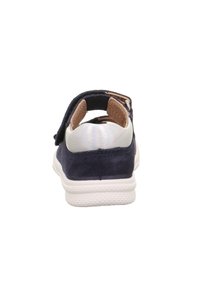 Rückansicht eines blau-weißen Kindersneakers mit einem Klettverschluss und strukturiertem weißen Sohlen auf einem weißen Hintergrund.