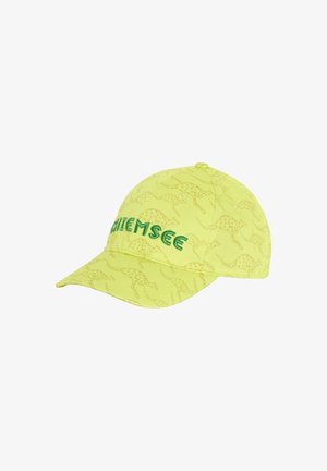 Gelbe Kappe mit einem Muster von springenden Kängurus, auf der vorne das Wort "CHIEMSEE" in Grün gestickt ist.