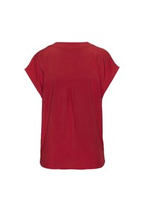 Rote kurzärmelige Bluse mit rundem Halsausschnitt, die eine Falten-Detail in der Mitte des Rückens und eine lockere Passform aufweist, aus leichtem Stoff gefertigt.