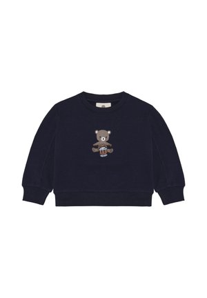 Maglione blu scuro per bambini con un piccolo orsacchiotto che tiene un tamburo ricamato al centro davanti.
