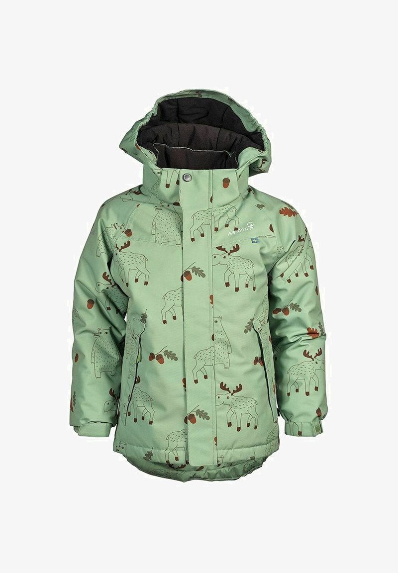 Lys grøn vandtæt jakke med dyre- og agernmønstre, har en høj krave, lynlås lukning og elastiske manchetter for varme.