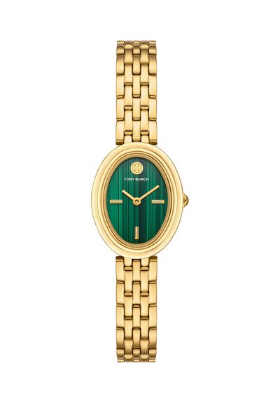 Montre-bracelet en lien doré avec cadran ovale en malachite verte, aiguilles dorées, marqueurs et logo Tory Burch à la position 12 heures.