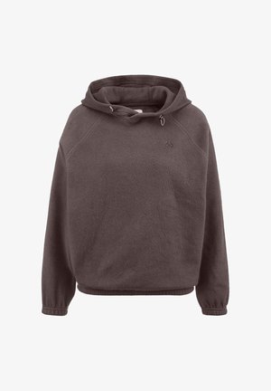 Dunkelbrauner Fleece-Hoodie mit langen Ärmeln, elastischen Bündchen, verstellbarem Kordelzug und einem kleinen geprägten Logo auf der Brust.