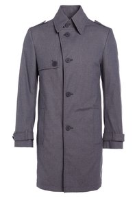 Szary płaszcz trencz z fakturowanego materiału, dwurzędowy, z sześcioma guzikami, naramiennikami i podwiniętymi mankietami. Z przodu kieszenie.