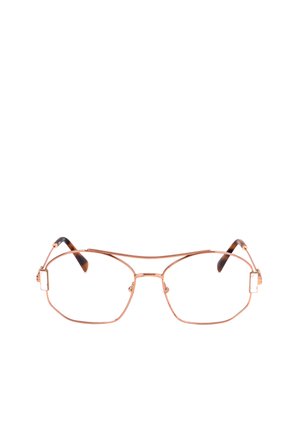 Occhiali sottili in metallo color oro rosa con grandi lenti geometriche e terminali delle aste con motivo tartarugato su sfondo bianco.
