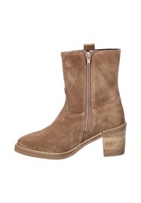 Brown suede ankle boot with side zipper, pull tab, stacked block heel, and stitched detailing on white background.