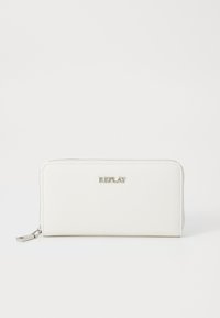 White zippered wallet made from synthetic material, featuring a textured surface and silver logo accent. Rectangular shape with smooth edges.