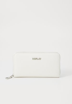 White zippered wallet made from synthetic material, featuring a textured surface and silver logo accent. Rectangular shape with smooth edges.