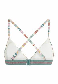 Sostenedor triangular con tirantes a rayas multicolores. Copas de tela blanca, banda verde azulado con un acento texturizado. La parte posterior cuenta con un diseño de tirantes entrecruzados.