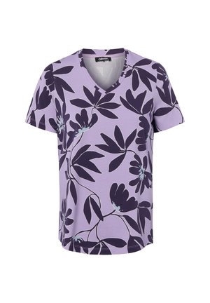 Purple short-sleeve V-neck shirt with large dark purple floral print and light blue accents on a solid lavender background.
