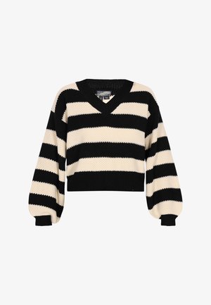 Crno-beige prugasta skraćena dukserica, koja ima V-izrez, dugačke balon rukave i teksturirani pleteni uzorak.