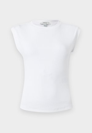 Fehér bordázott ujjatlan felső párnázott vállakkal és kerek nyakkivágással, kis méret, Topshop márkajelzés a gallér belsejében.