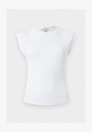 Fehér bordázott ujjatlan felső párnázott vállakkal és kerek nyakkivágással, kis méret, Topshop márkajelzés a gallér belsejében.