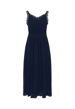 Middenlange mouwloze jurk in marineblauw met kanten afwerking aan de banden, V-halslijn en een taillebanddetail van kant, met een vloeiende rok.