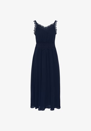 Ärmelloses Midikleid in Marineblau mit Spitzenbesatz an den Trägern, V-Ausschnitt, Spitzendetail am Taillenbund und fließendem Rock.