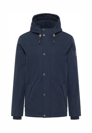 Giacca blu navy con cappuccio, dotata di zip frontale, bottoni a pressione, tasche laterali e rivestimento interno testurizzato. Con cordini regolabili.