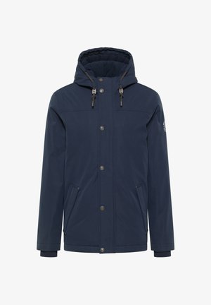 Granatowa kurtka z kapturem, z przednim zamkiem błyskawicznym, zatrzaskami, bocznymi kieszeniami oraz fakturowaną podszewką. W zestawie regulowane sznurki.
