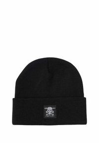 Cappello di lana nera con risvolto, dotato di un'etichetta quadrata con testo e logo bianchi. Texture morbida, materiale elastico per il massimo comfort.