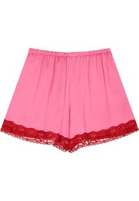 Pantalones cortos de algodón rosa con una cinturilla elástica fruncida; cuentan con un acabado de encaje rojo en el dobladillo para un contraste y detalle adicional.