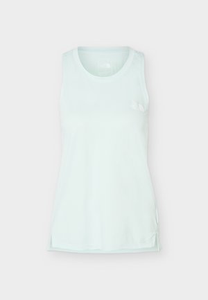 Svetlo modra atletska majica brez rokavov z okroglim izrezom in majhnim belim logotipom The North Face na zgornjem levem delu prsnega koša.