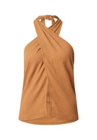 Bruine getextureerde haltertop met een vastgebonden halslijn en wikkelontwerp, voorzien van zachte stof en subtiele plooien voor extra detail.